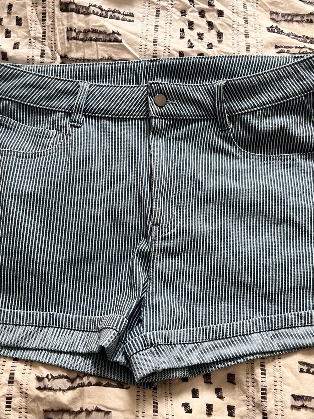 HALARA Navy and White Pinstripe Denim Shorts